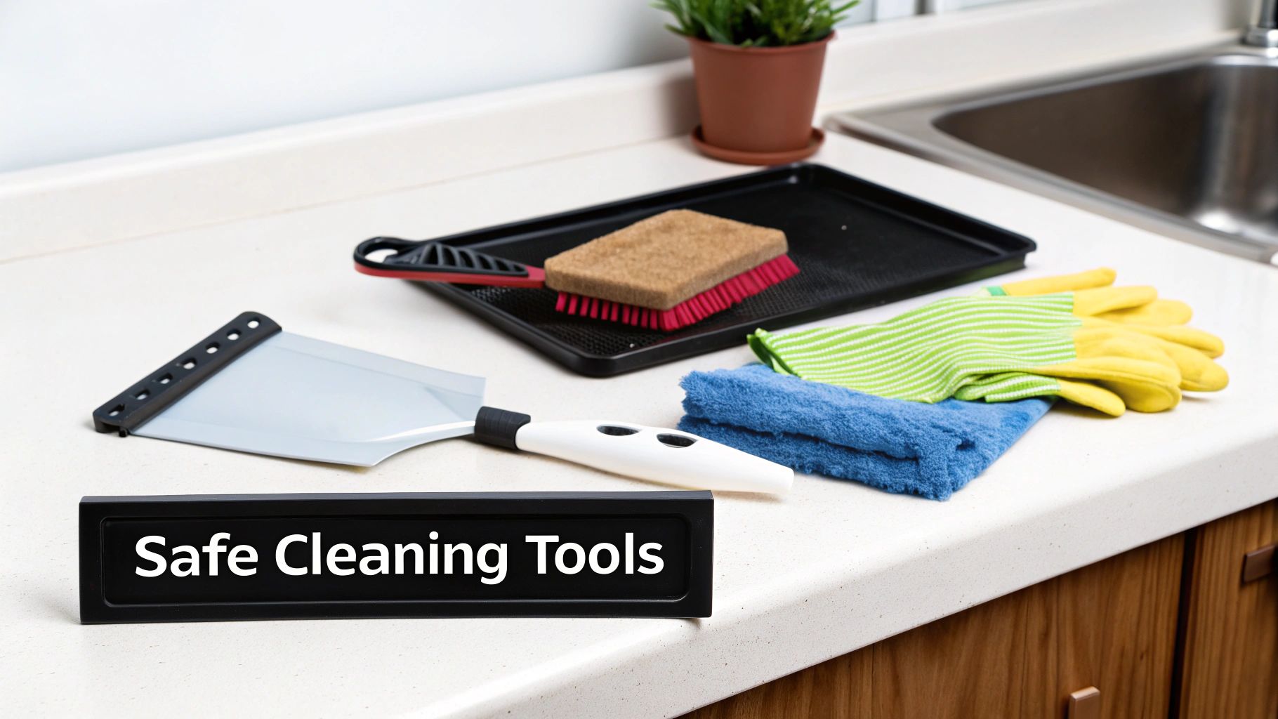 A collection of safe cleaning tools including a scraper, brush, cloths, and gloves on a kitchen counter.