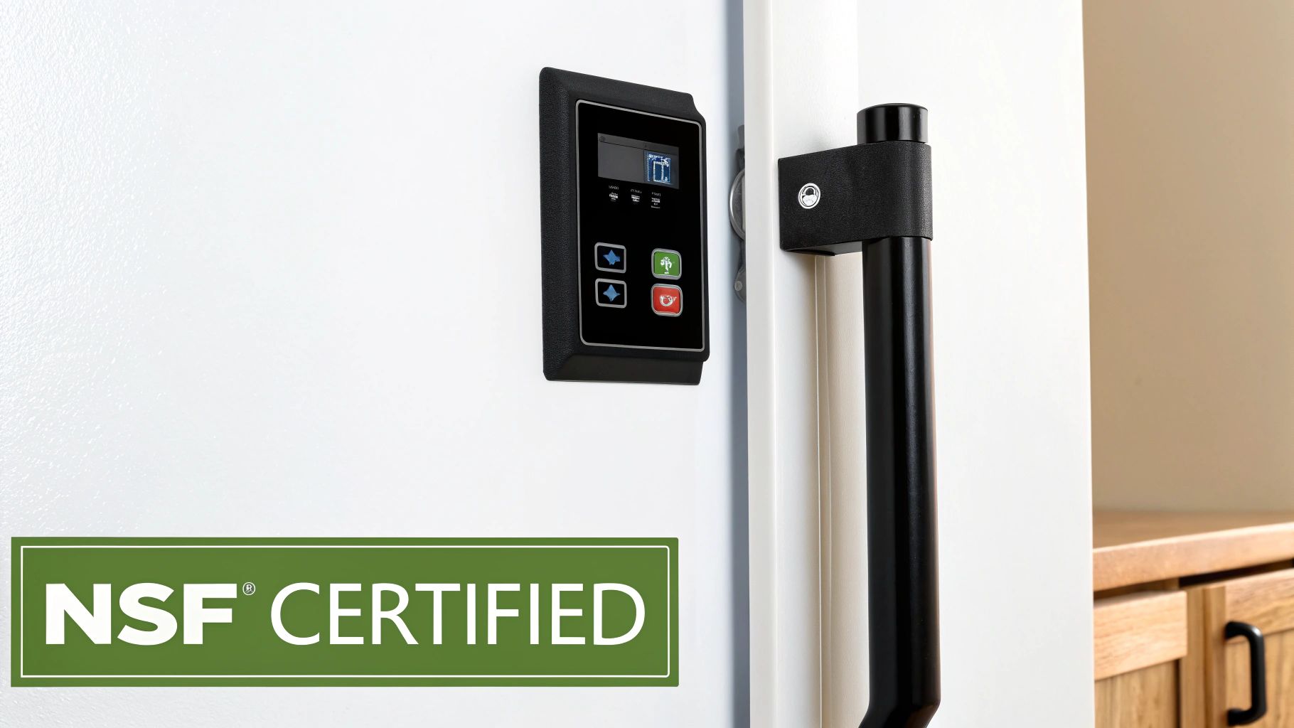 NSF Certified commercial deep freezer with digital control panel and black handle in a white finish.