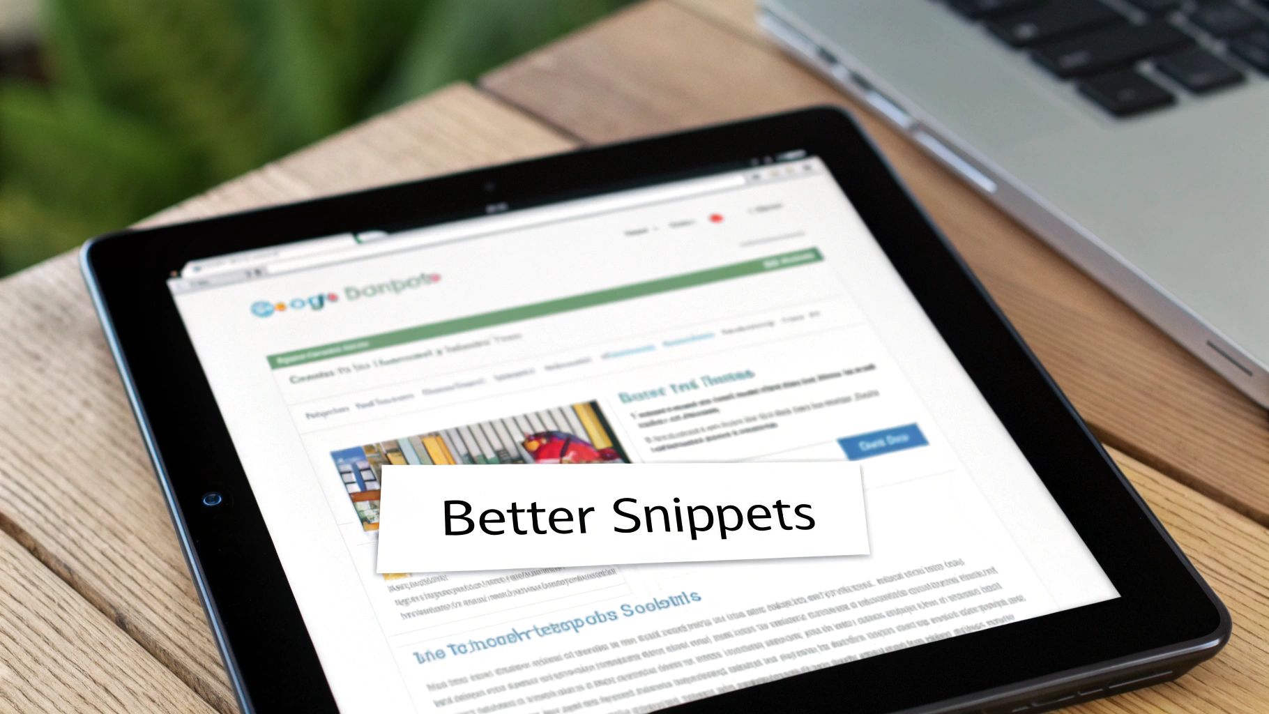 Close-up of a tablet on a wooden desk showing a Google search page with 'Better Snippets' overlay.