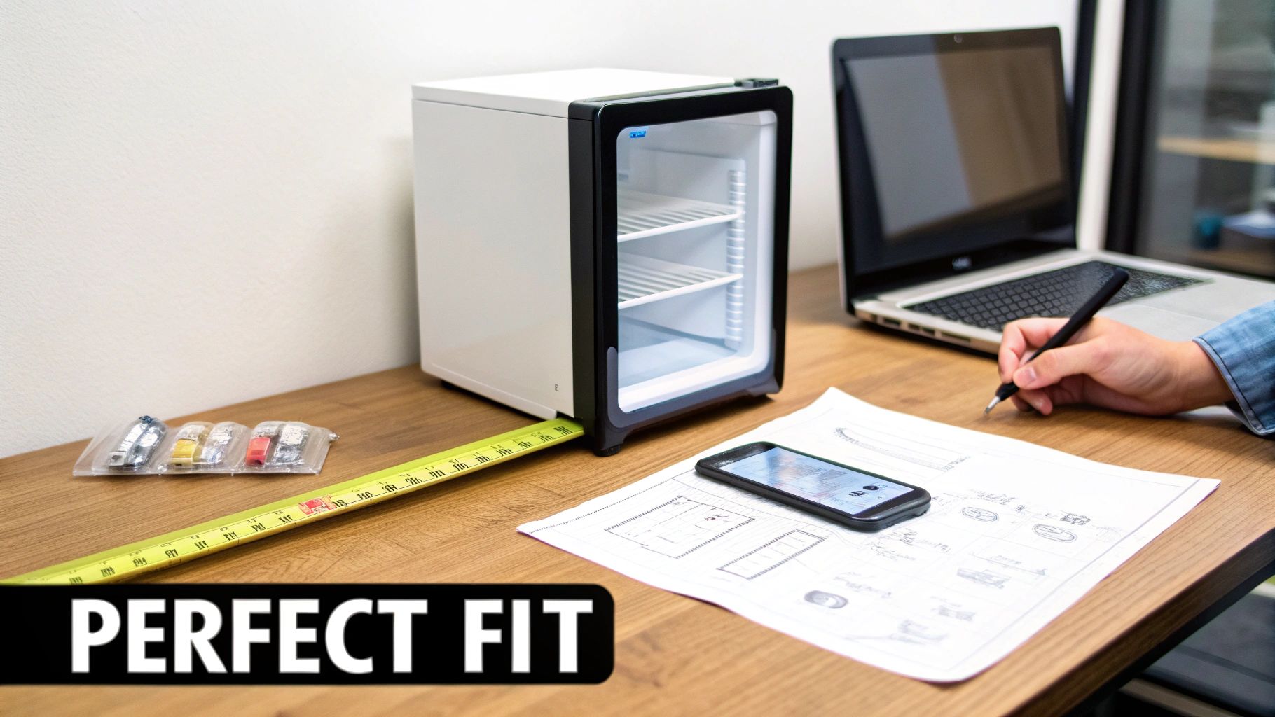 A mini countertop display fridge on a wooden desk with a measuring tape, a laptop, and a person writing.
