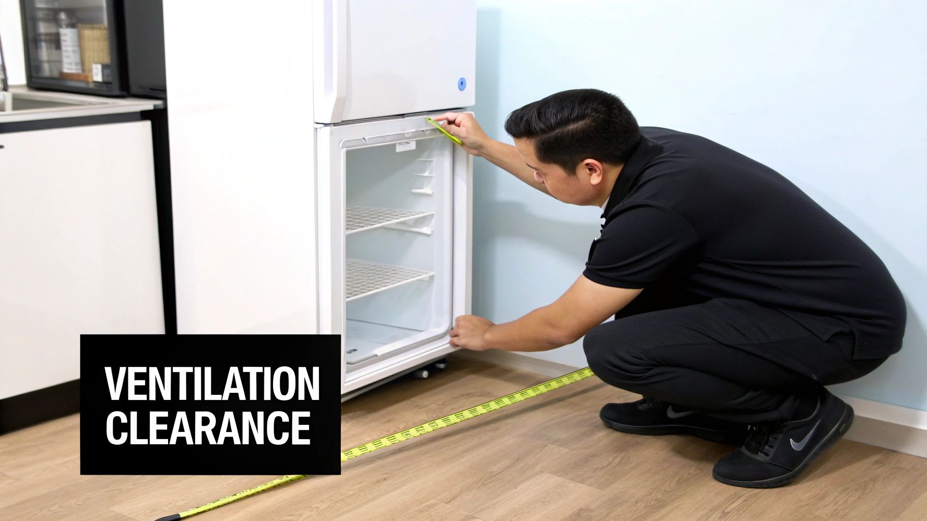 A man measures the ventilation clearance for an under-counter refrigerator with an open lower door.