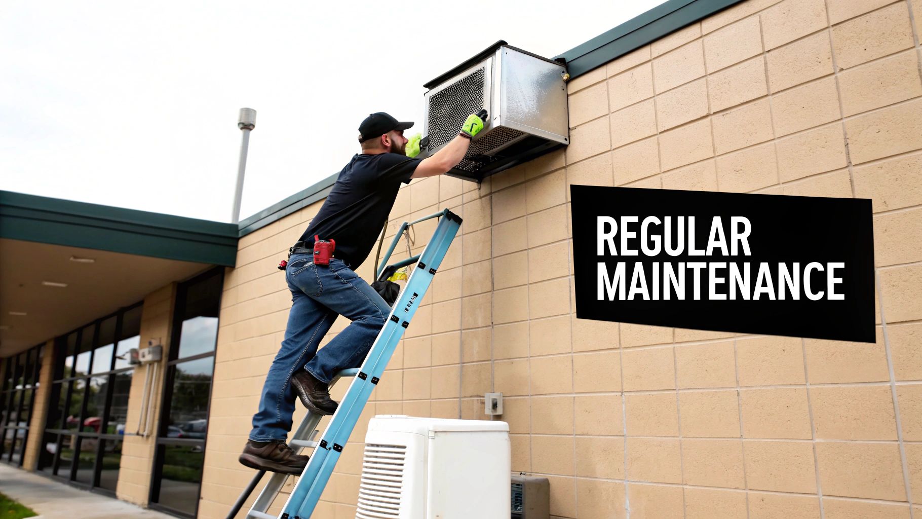A technician cleaning a commercial kitchen's ventilation system.