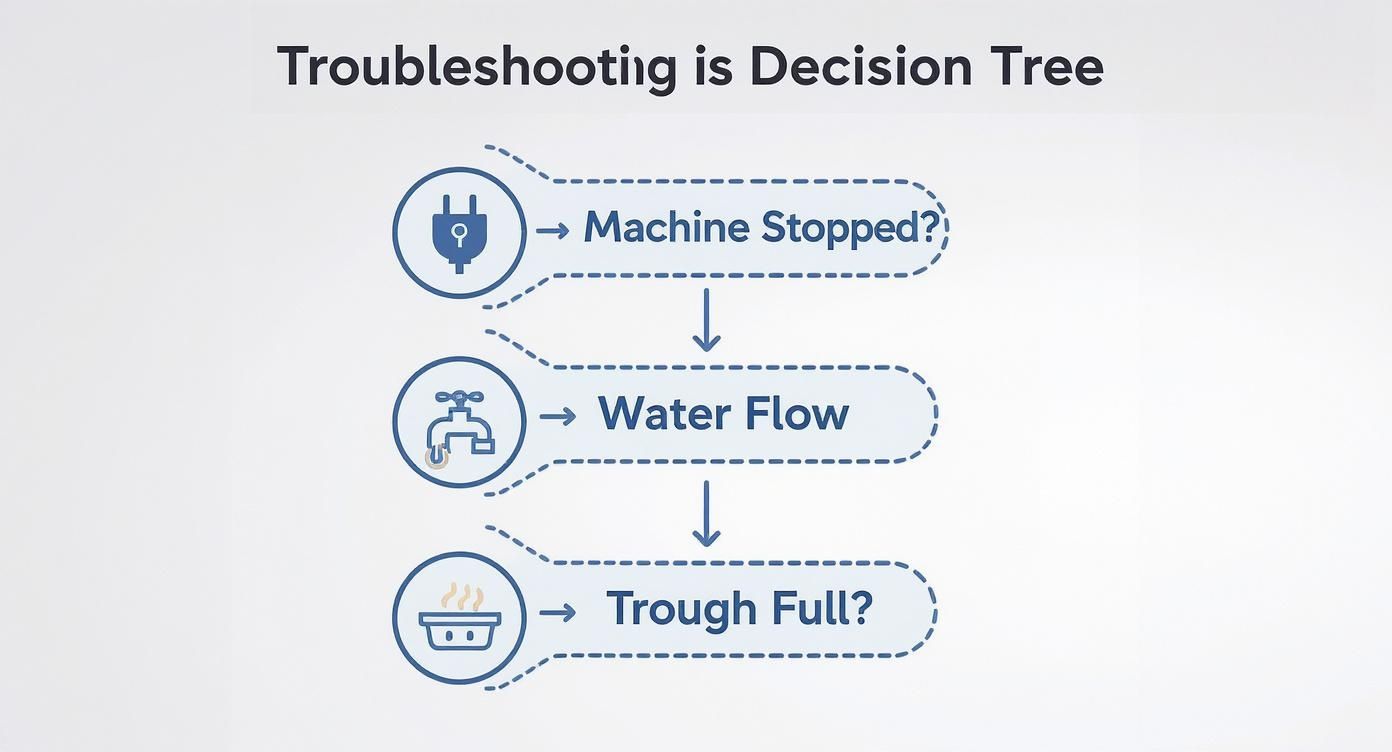 Decision tree flowchart for troubleshooting, showing steps like machine stopped, water flow, and trough full.
