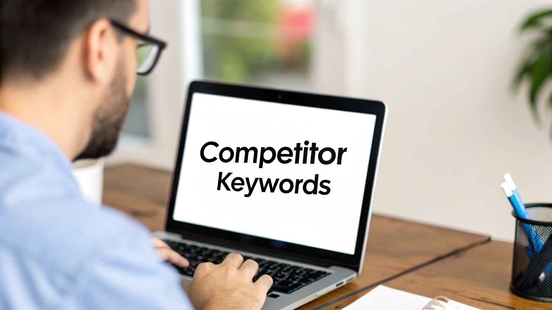 A person wearing glasses and a blue shirt looks at a laptop displaying 'Competitor Keywords'.