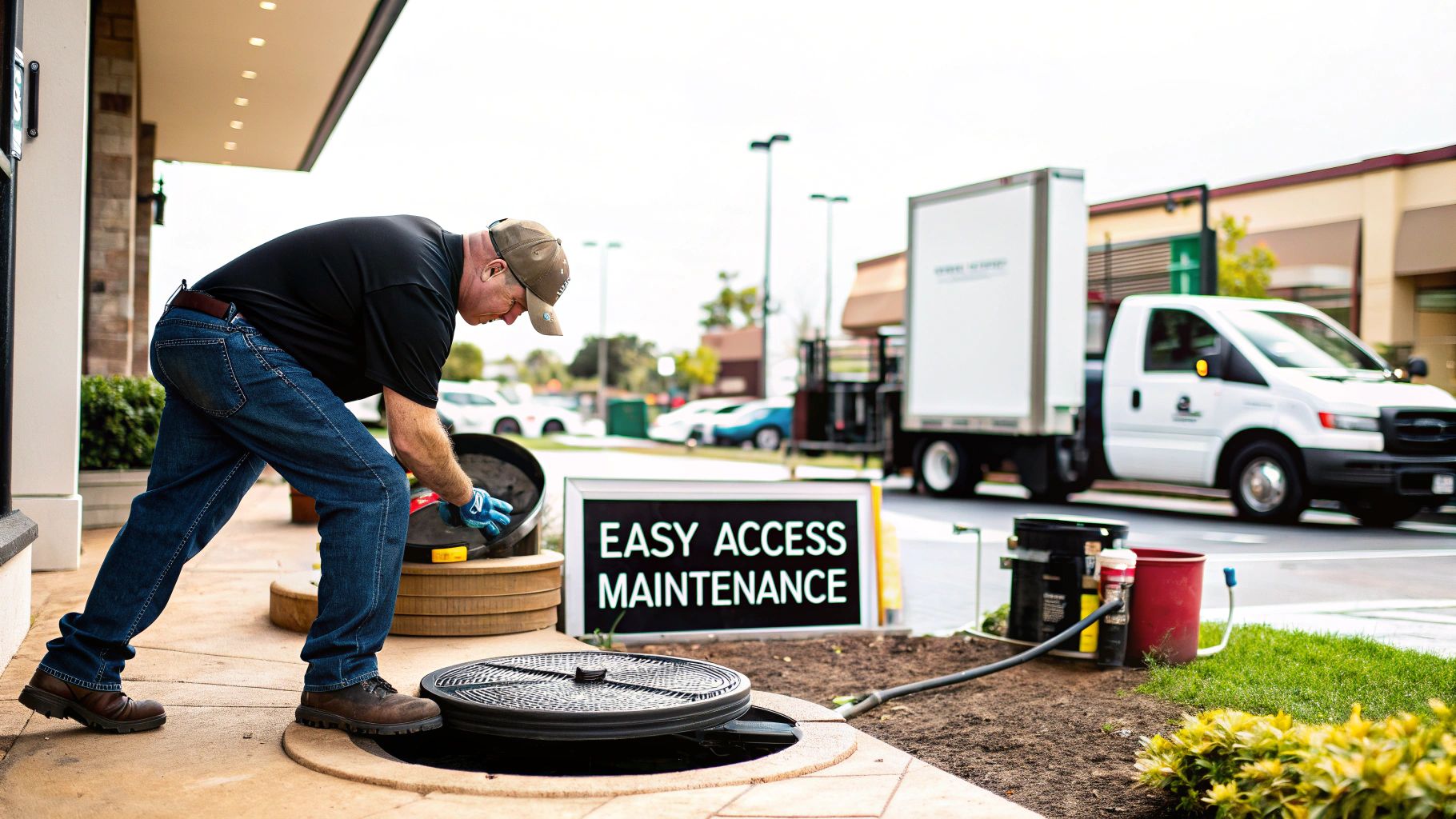A technician performs maintenance on an outdoor grease trap, with an 'Easy Access Maintenance' sign nearby.