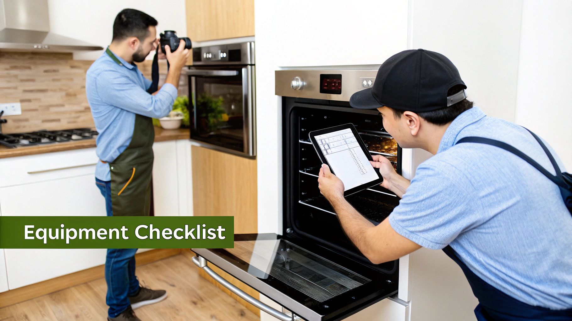 A chef inspecting a newly delivered stainless steel refrigerator in a commercial kitchen.