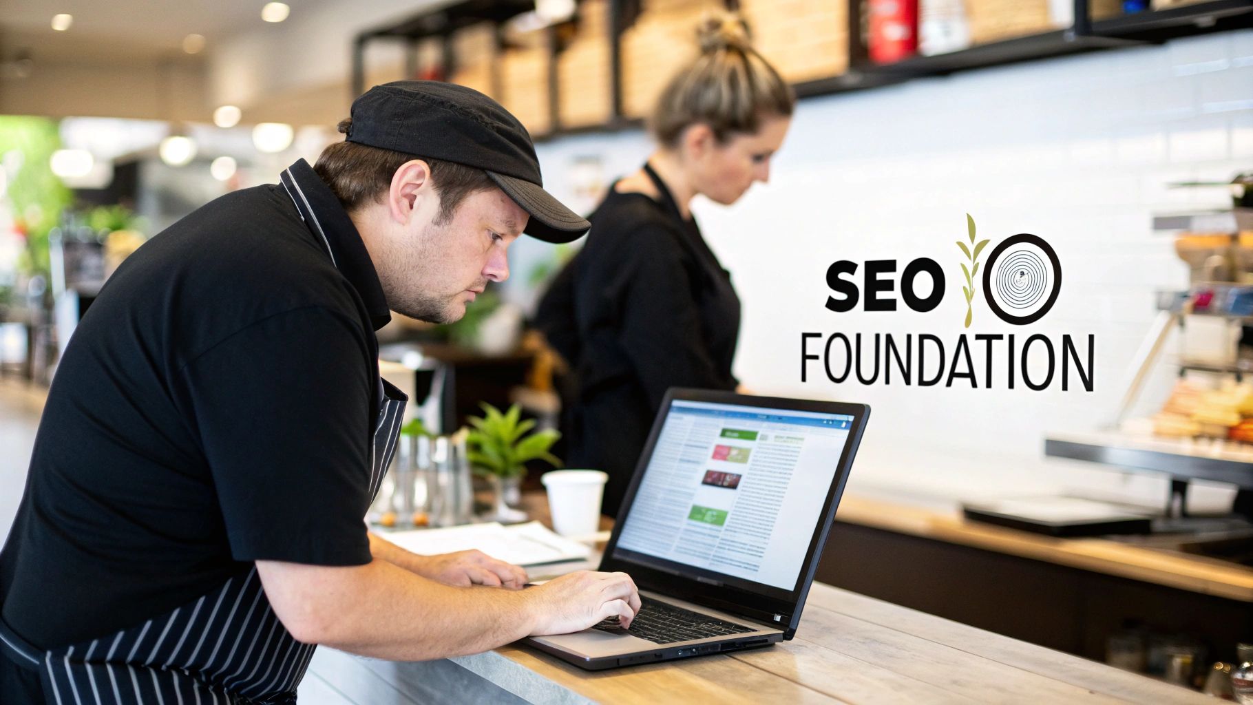 Man in apron uses laptop in a cafe, "SEO FOUNDATION" logo visible.