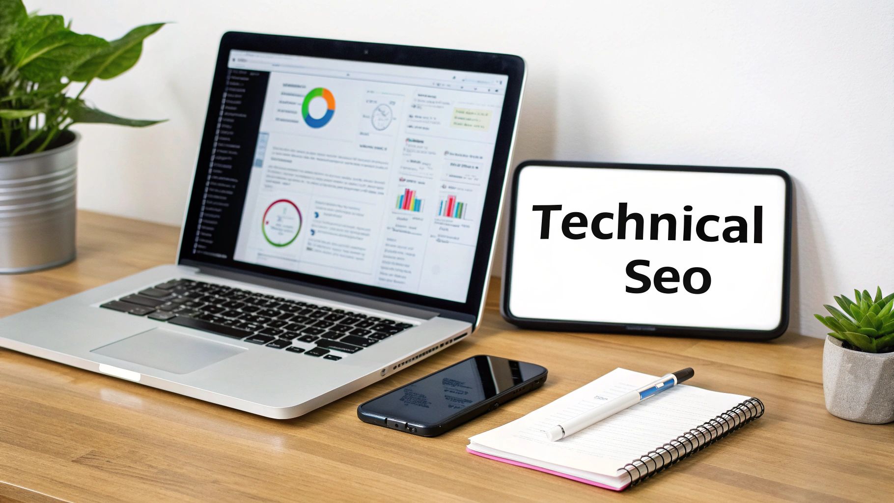A desk with a laptop showing analytics, a smartphone, a notepad, and a screen displaying 'Technical Seo'.