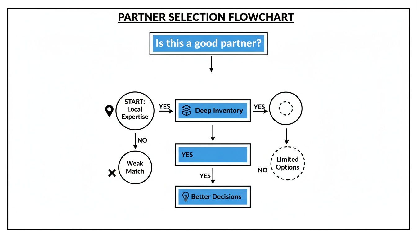 A partner selection flowchart illustrating steps for evaluating local expertise, inventory, and decision making.