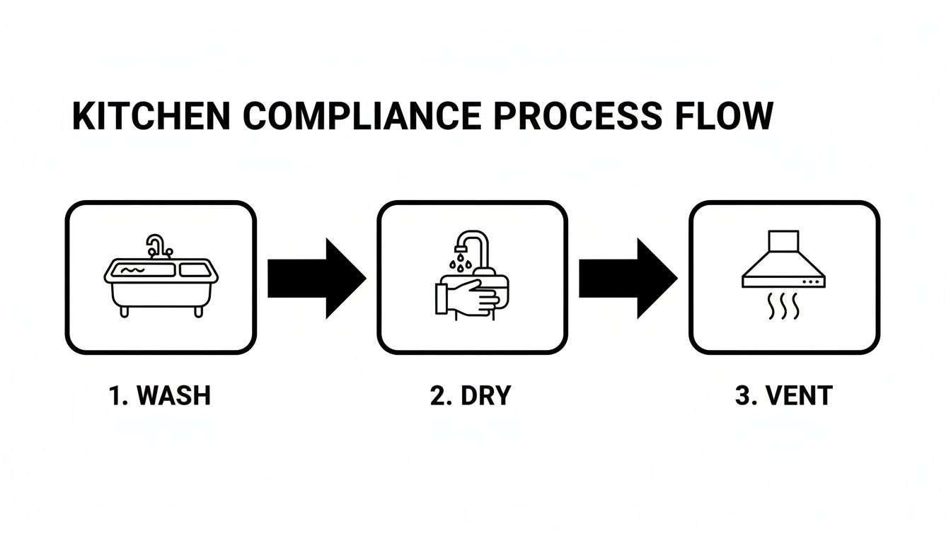 A clear flow chart illustrating kitchen compliance steps: wash, dry, and vent.