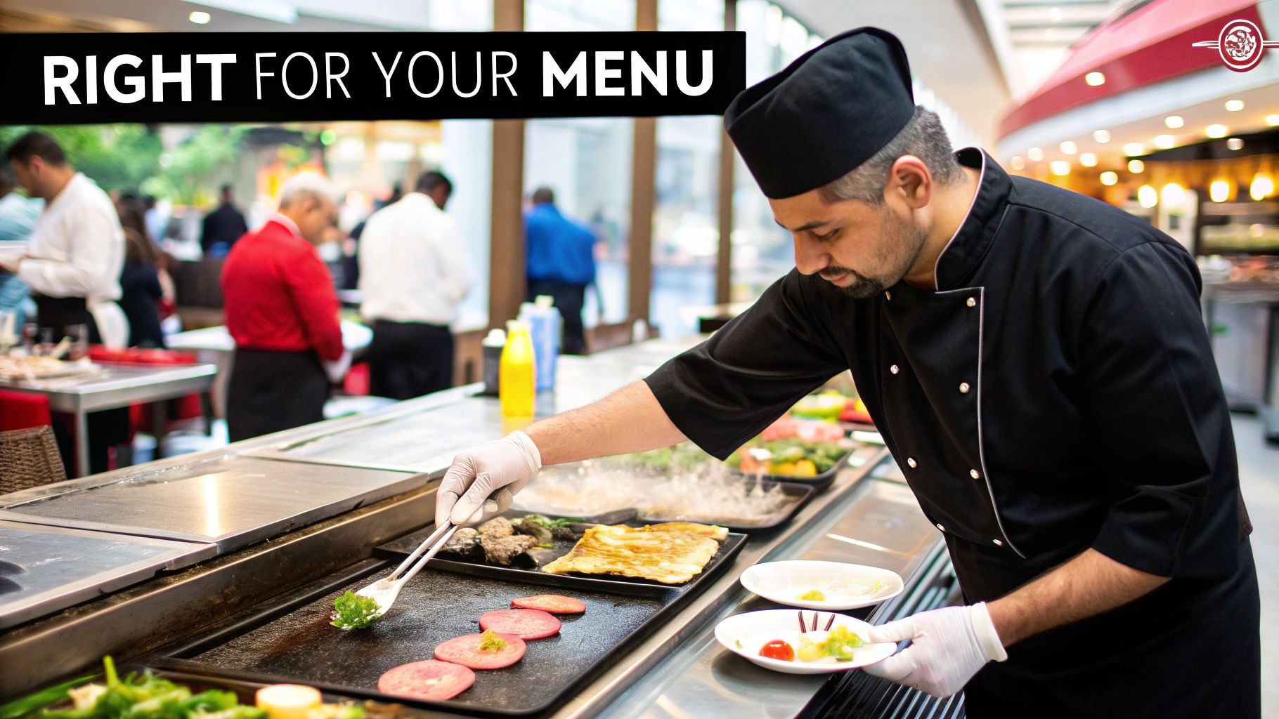 A diverse spread of food including pancakes, bacon, and burgers being cooked on a commercial griddle.