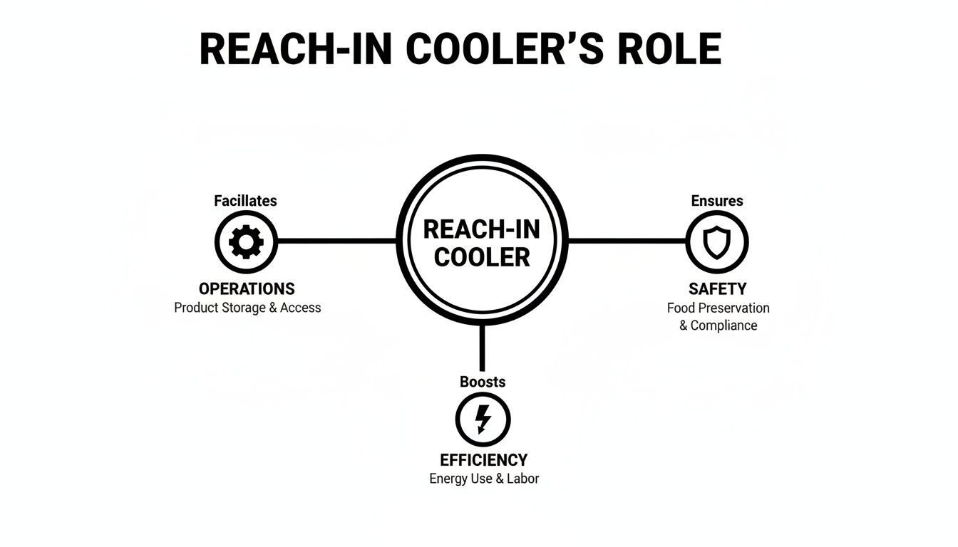 Diagram showing a reach-in cooler's role in facilitating operations, ensuring safety, and boosting efficiency.