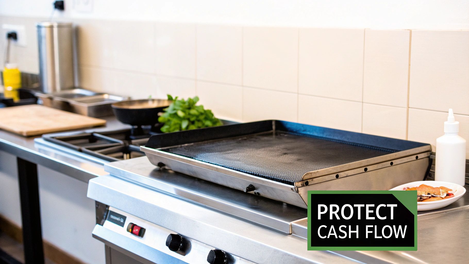 A professional restaurant kitchen counter shows commercial griddle, stove, and ingredients, with a 'PROTECT CASH FLOW' text overlay.
