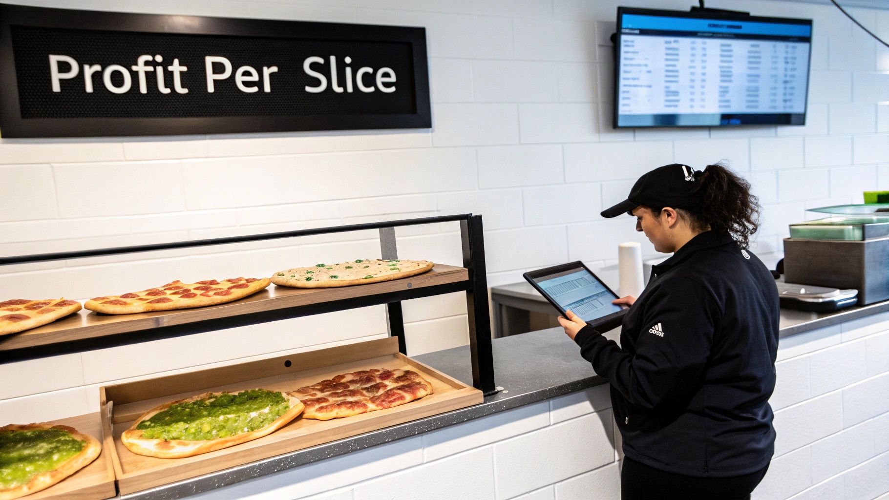 An employee uses a tablet at a concession stand displaying various flatbreads and a 'Profit Per Slice' sign.