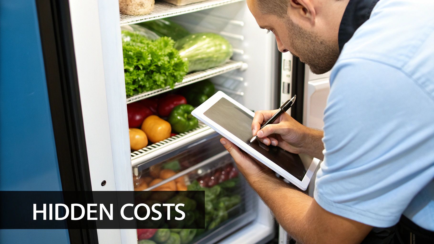 A man takes inventory of fresh produce in a commercial refrigerator using a tablet and stylus.