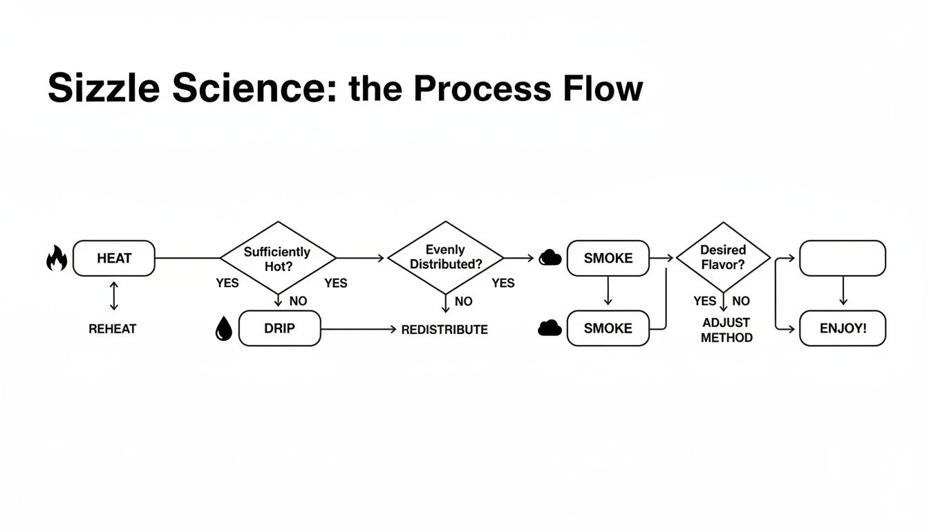 A detailed flowchart titled "Sizzle Science: the Process Flow," illustrating steps like heating, checking distribution, smoking, and adjusting for desired flavor.