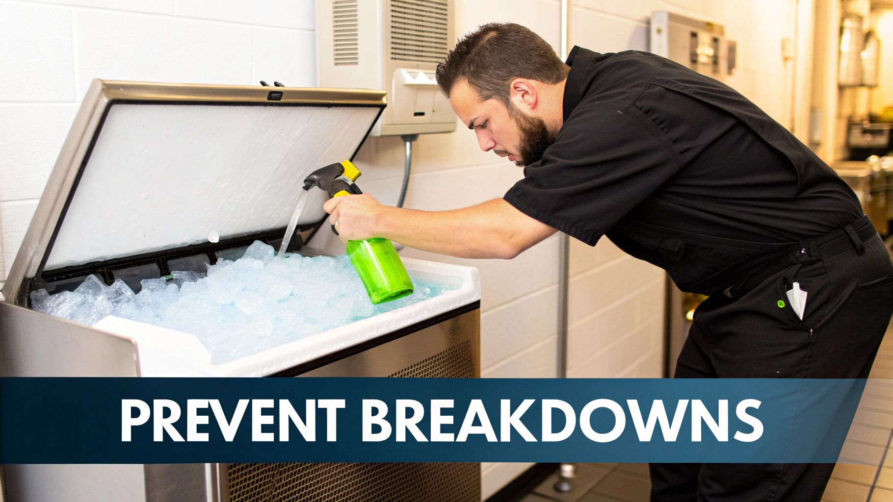A man in a black uniform sprays liquid into a commercial ice machine filled with ice.