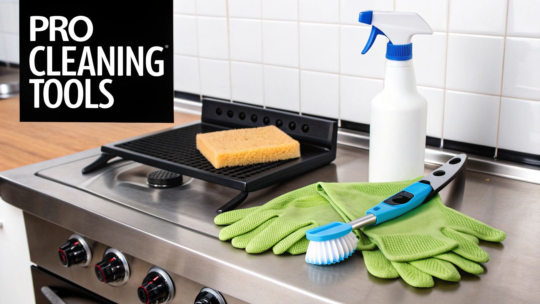 Professional cleaning tools including gloves, a brush, sponge, and spray bottle on a modern kitchen counter.