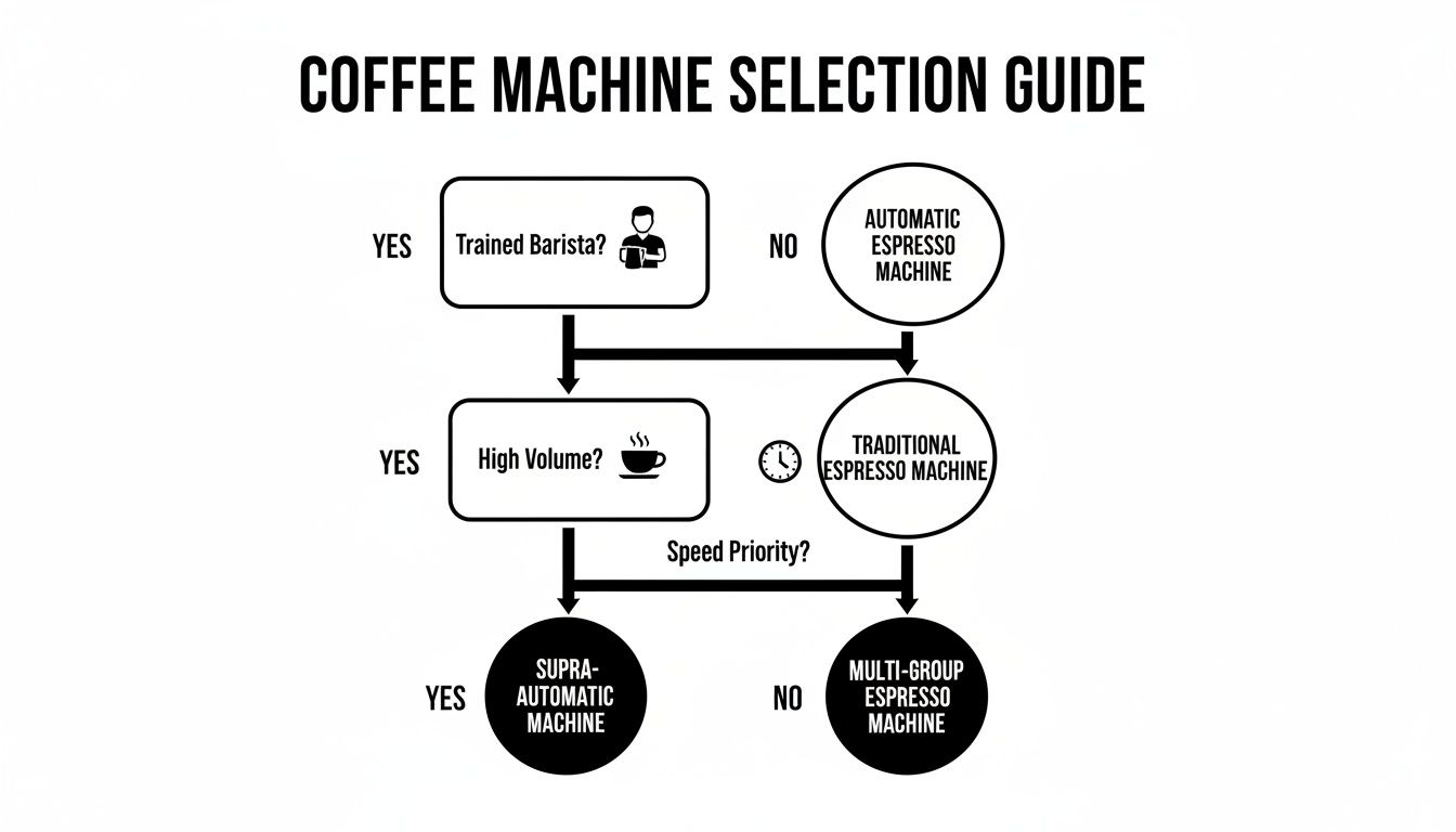 Flowchart guiding commercial coffee machine selection based on trained barista, volume, and speed priority.
