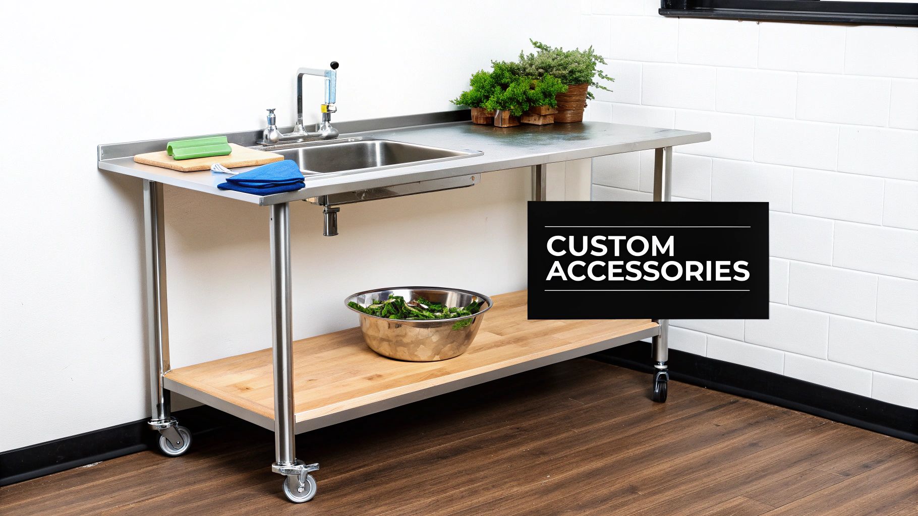A stainless steel kitchen work table with a double sink, faucet, and a lower wooden shelf.