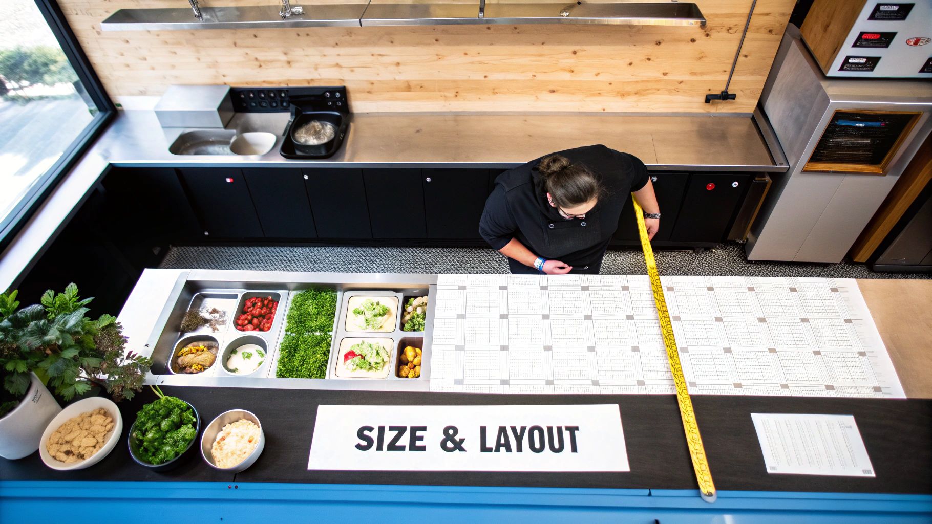 Overhead view of a chef measuring a kitchen counter with various food ingredients and a layout plan.