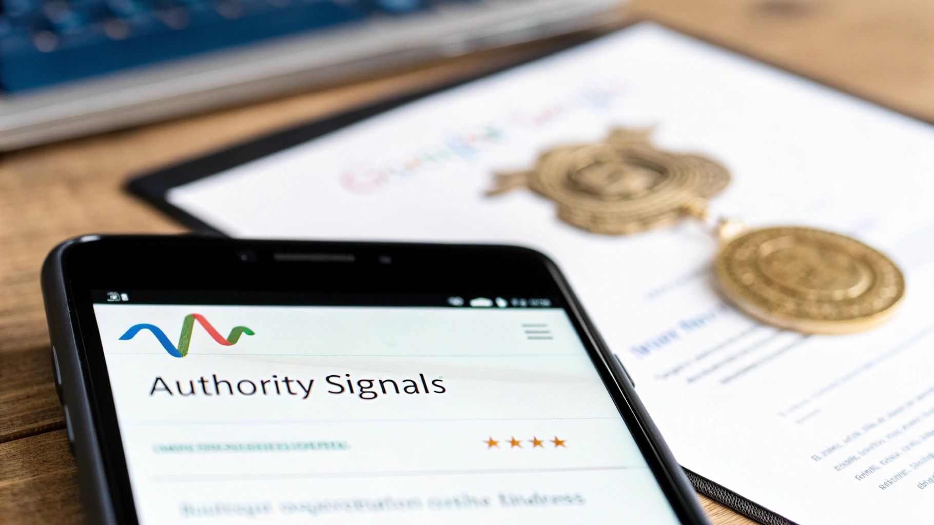 Smartphone displaying 'Authority Signals' webpage with ratings, a golden medallion, and SEO documents.