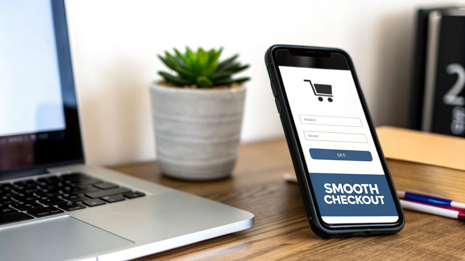 Smartphone displays a smooth checkout process for online shopping, next to a laptop on a wooden desk.