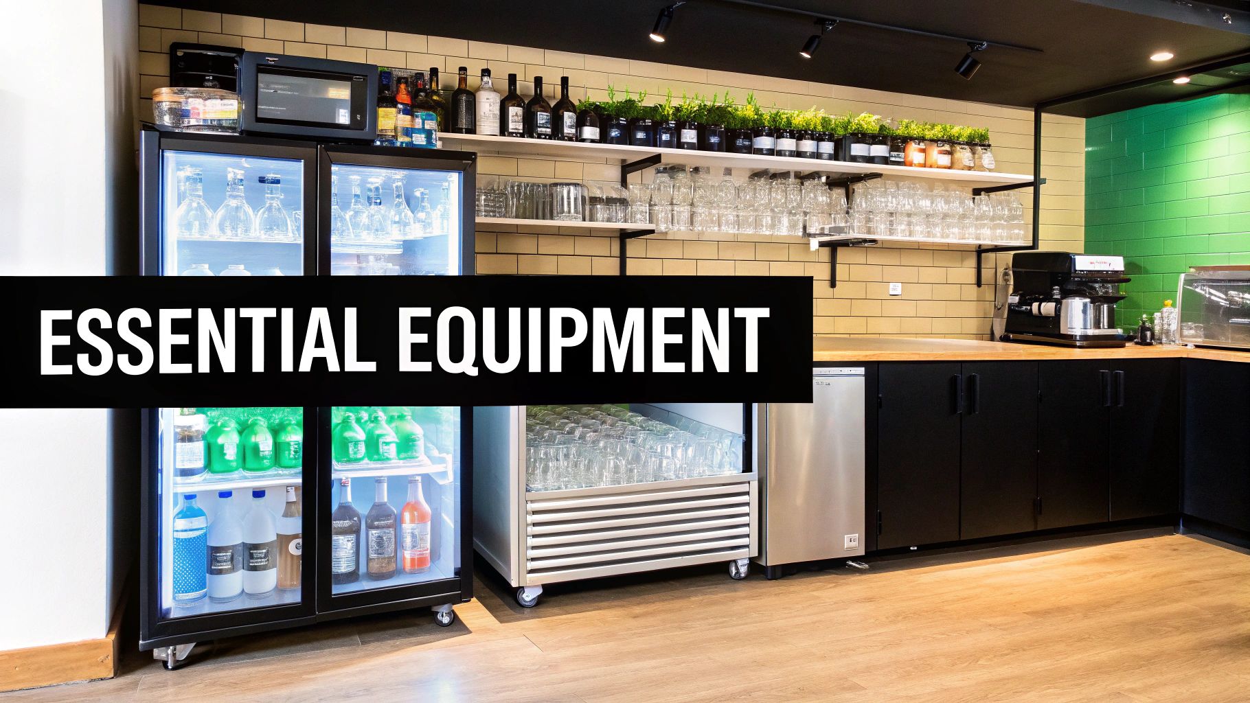 A modern bar or cafe kitchen with commercial refrigerators, an espresso machine, and shelves of glassware.
