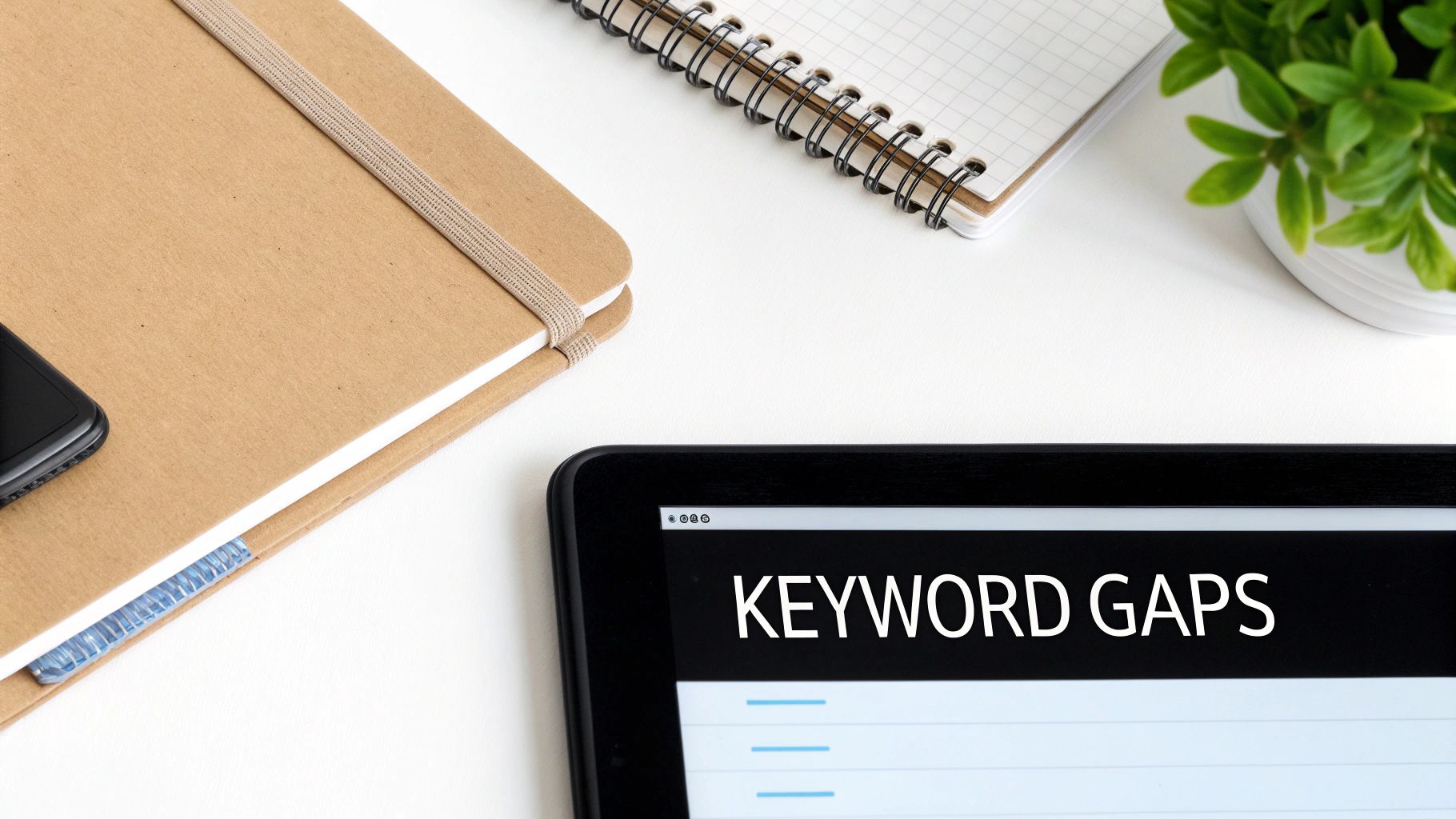 A flat lay of a desk with a tablet displaying 'KEYWORD GAPS', notebooks, a phone, and a plant, symbolizing SEO research.