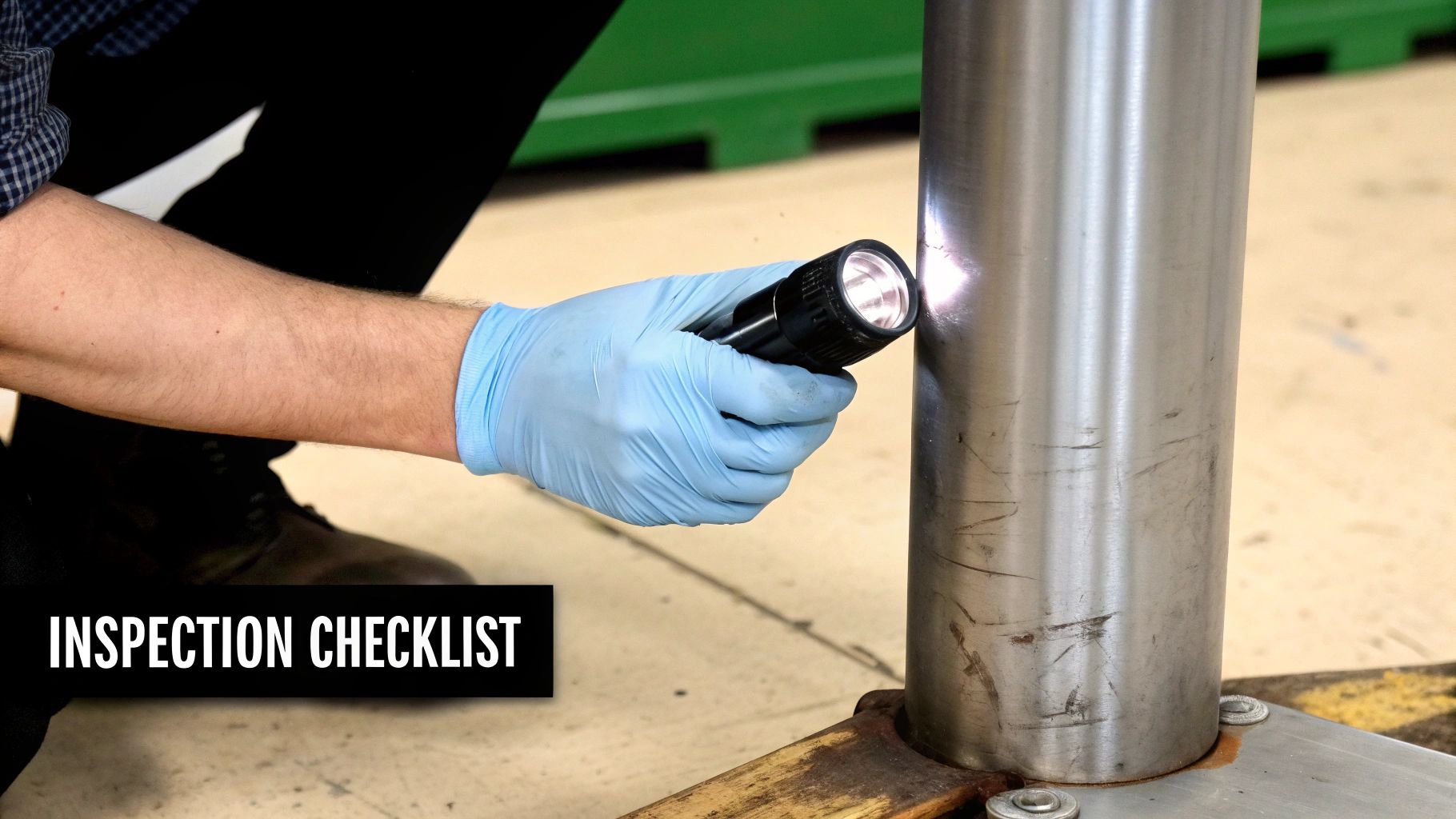 A person inspecting the surface of a used stainless steel table for scratches and dents.
