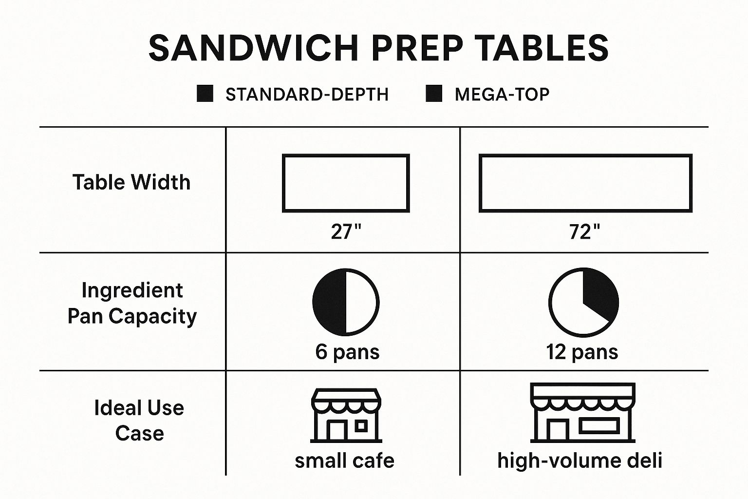 Infographic comparing a small 27" commercial griddle for a cafe against a large 72" commercial griddle for a high-volume diner, highlighting capacity differences.