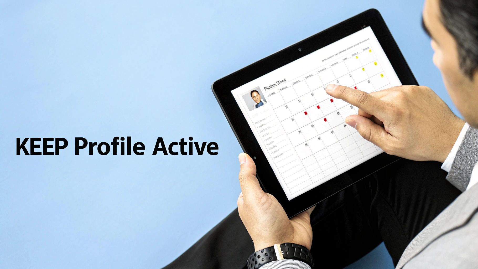 A person interacts with a tablet displaying a profile and a calendar, emphasizing to 'KEEP Profile Active'.