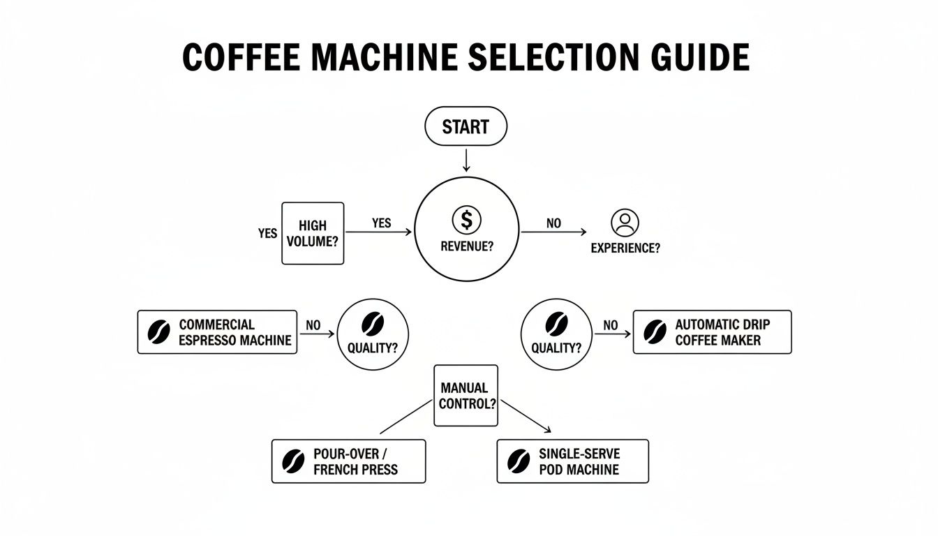 Flowchart guide for selecting a coffee machine based on revenue, volume, experience, quality, and control.