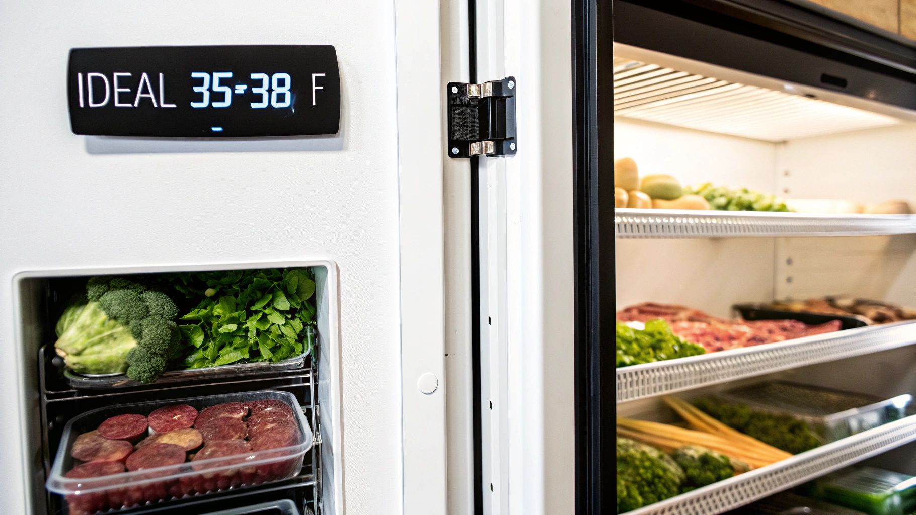 A commercial walk-in cooler with a digital temperature display showing ideal 35-38°F, filled with fresh produce and packaged meats.