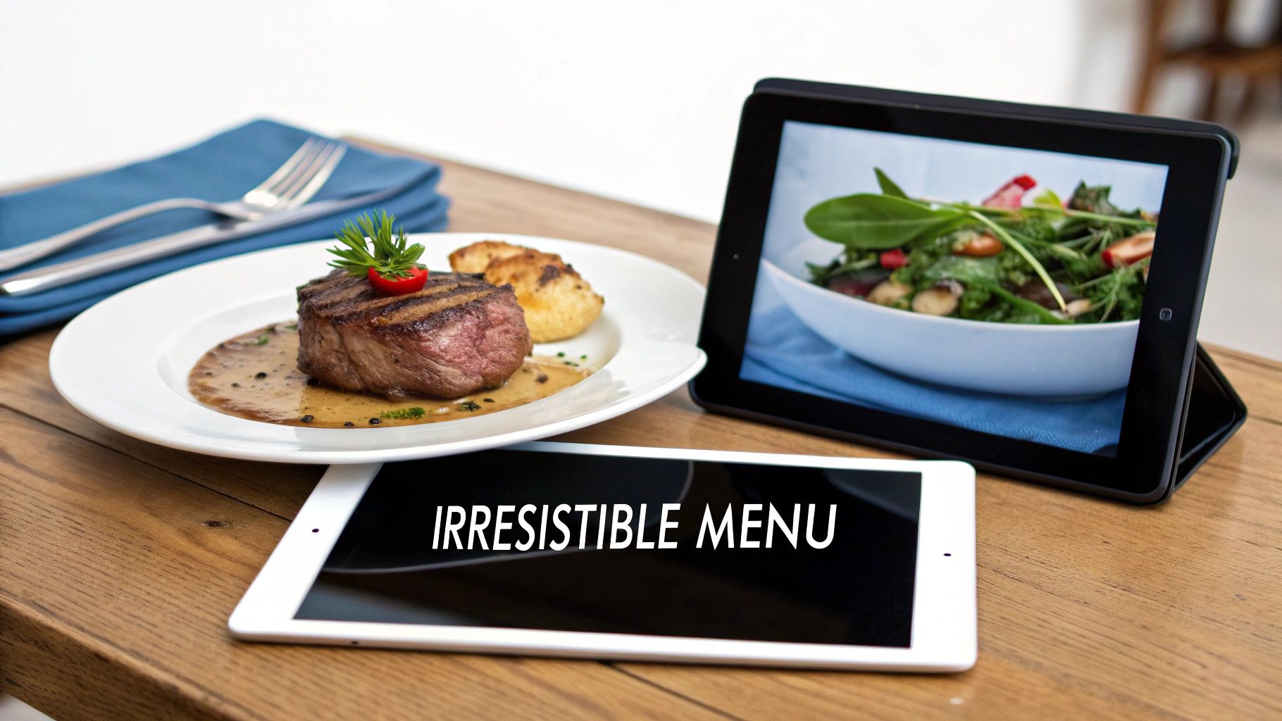 A gourmet steak dinner on a white plate, served alongside two digital tablets displaying menu items.