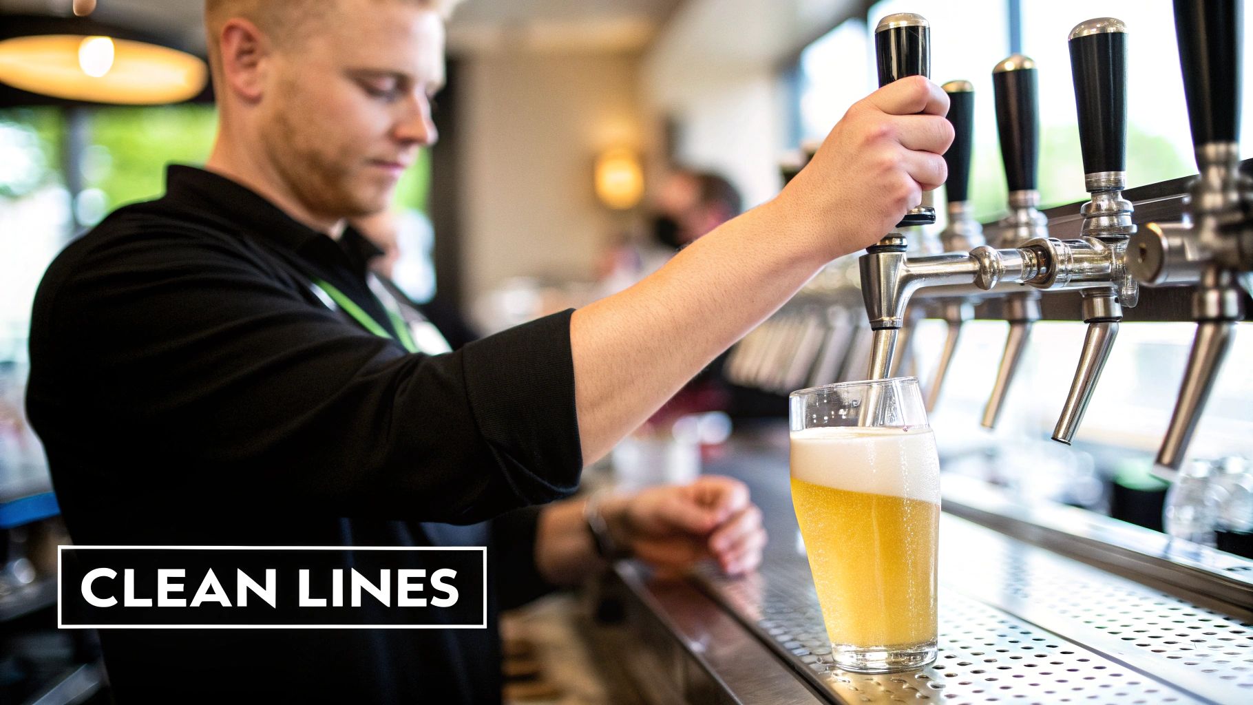 A bartender pouring a perfect pint of draft beer from a clean tap.