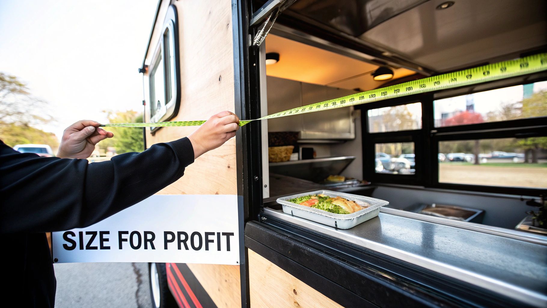 A person measures the serving window of a food truck with a tape measure. A meal is on the counter.