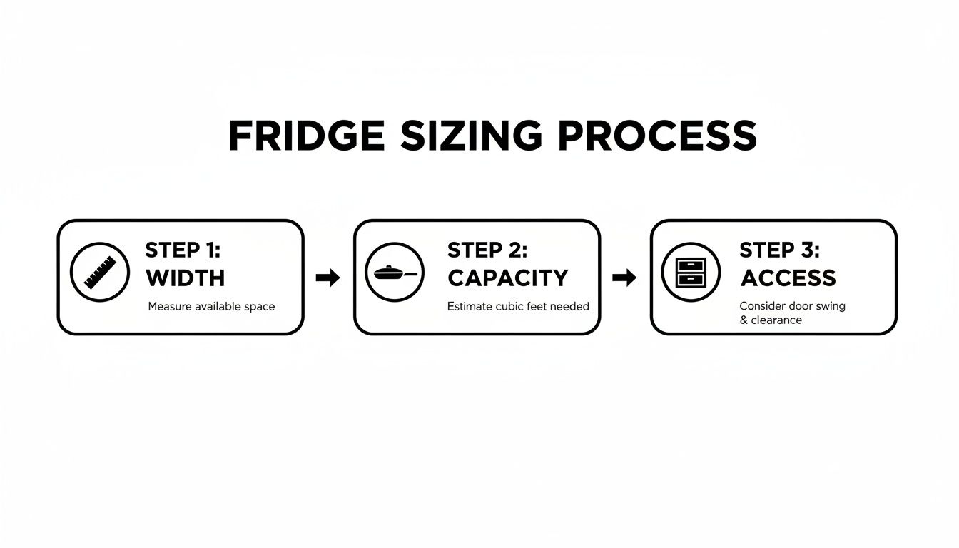 A diagram outlining the three-step fridge sizing process: width, capacity, and access considerations.