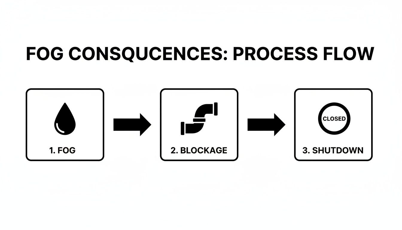 Process flow diagram showing FOG (Fats, Oils, Grease) leading to pipe blockage and system shutdown.
