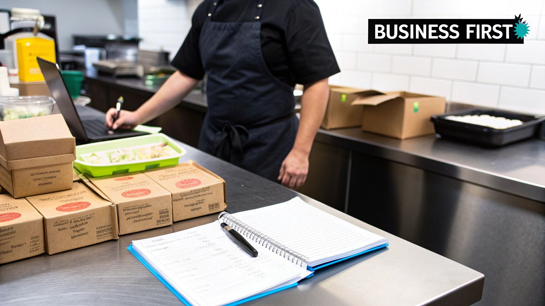 A chef manages kitchen operations, using a laptop and pen amidst packaged food boxes and a notebook.