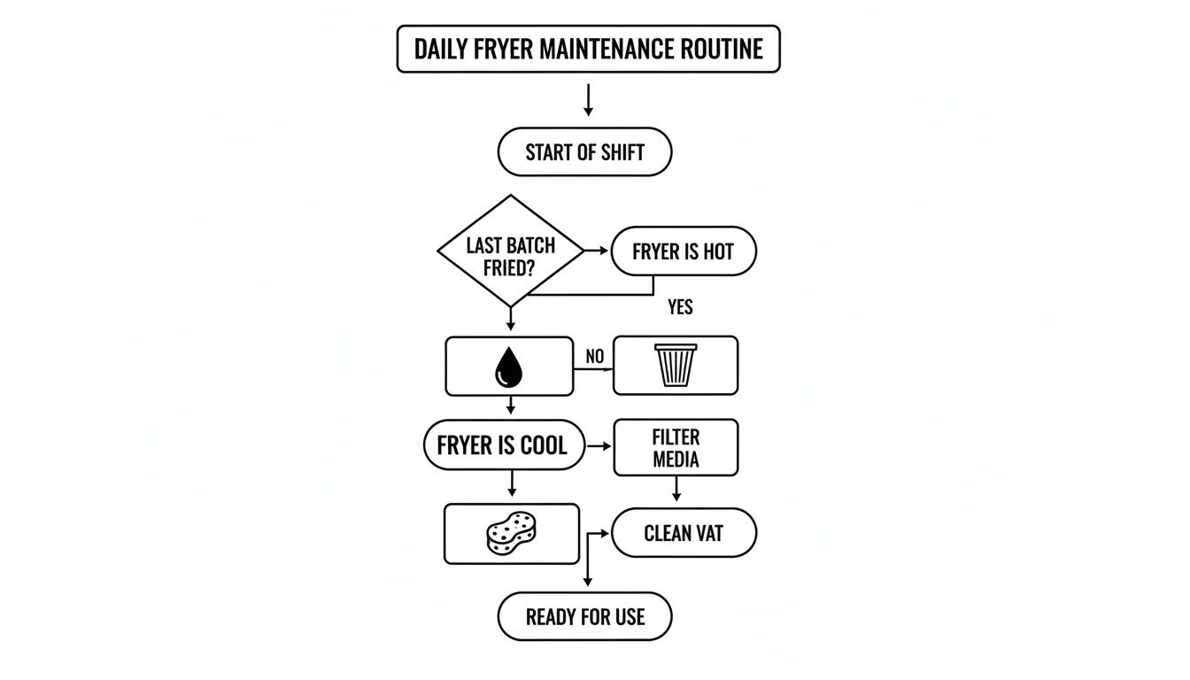 Flowchart outlining the daily deep fryer maintenance routine, from the start of shift to being ready for use.