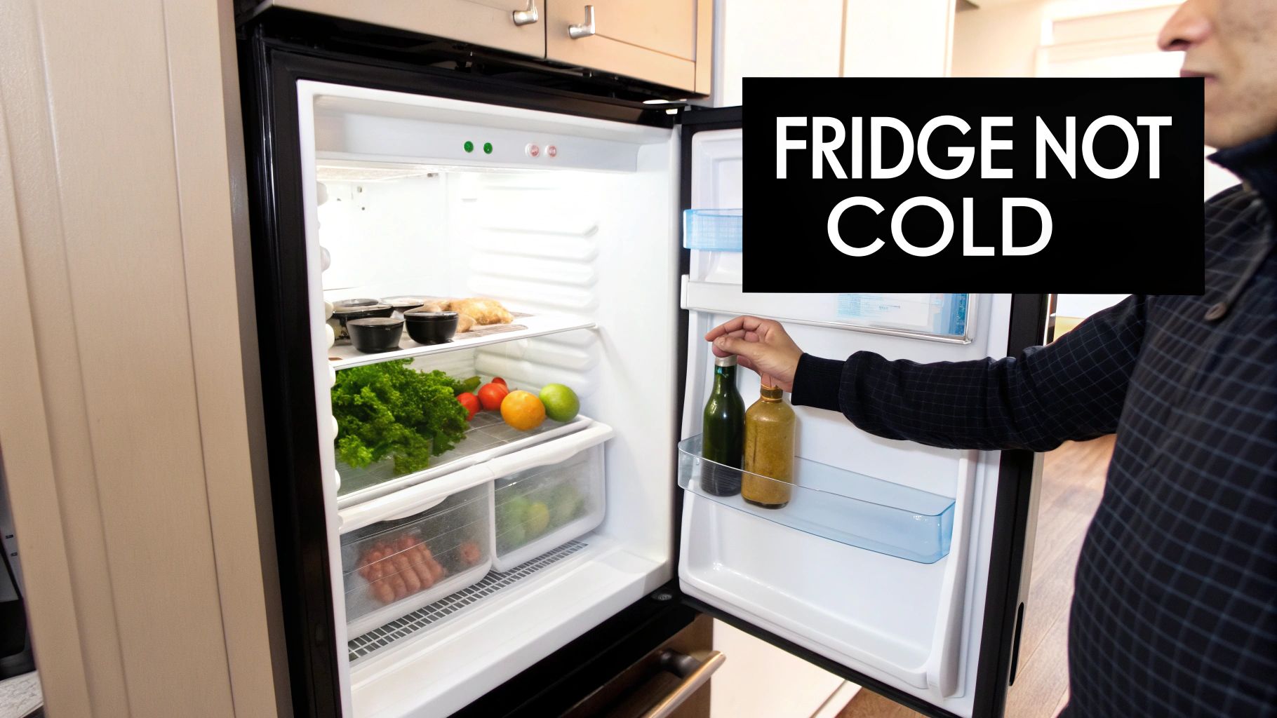 A person checking the temperature dial inside a refrigerator.