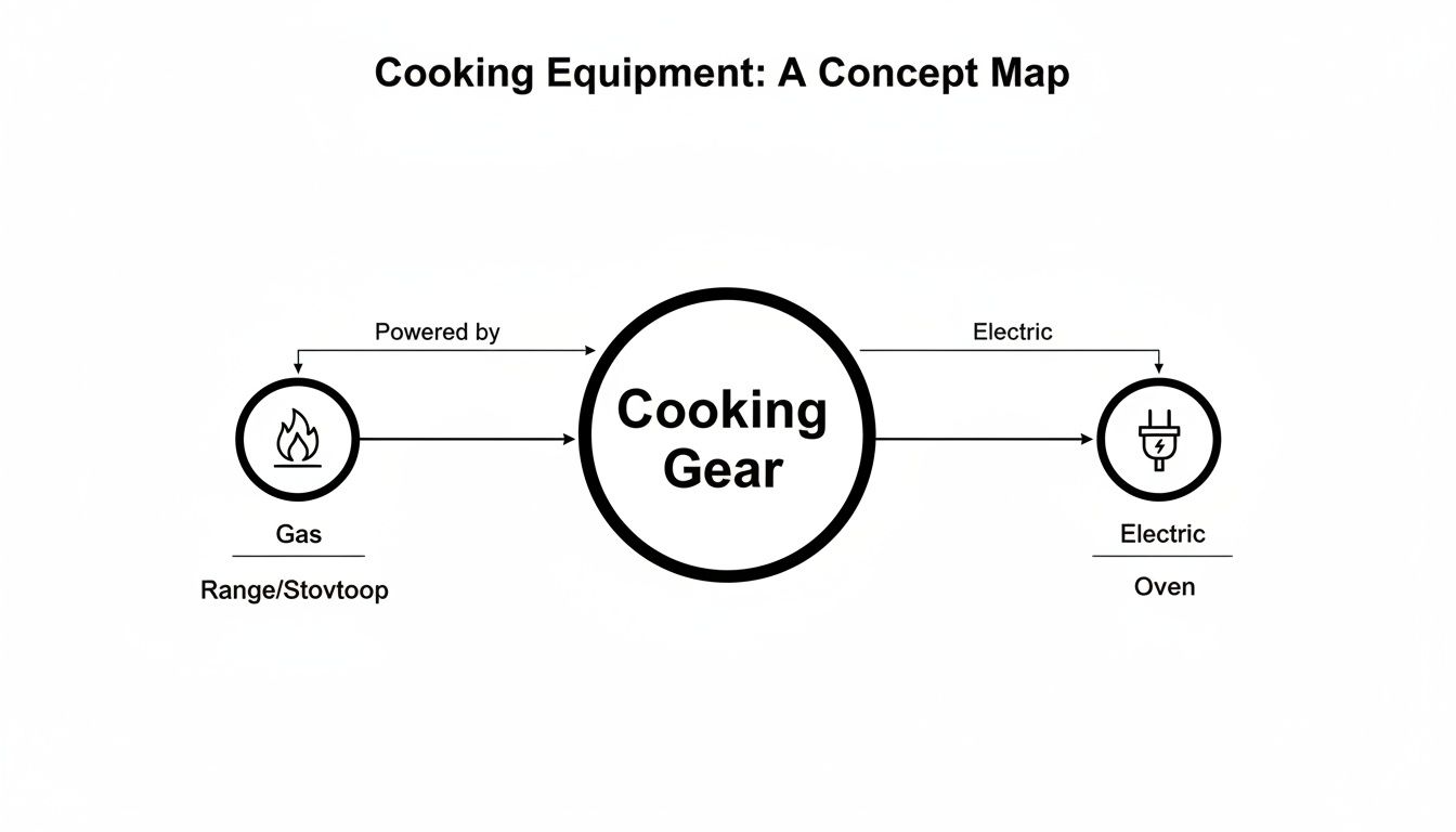 A concept map showing cooking gear powered by gas (range/stovetop) and electric (oven).