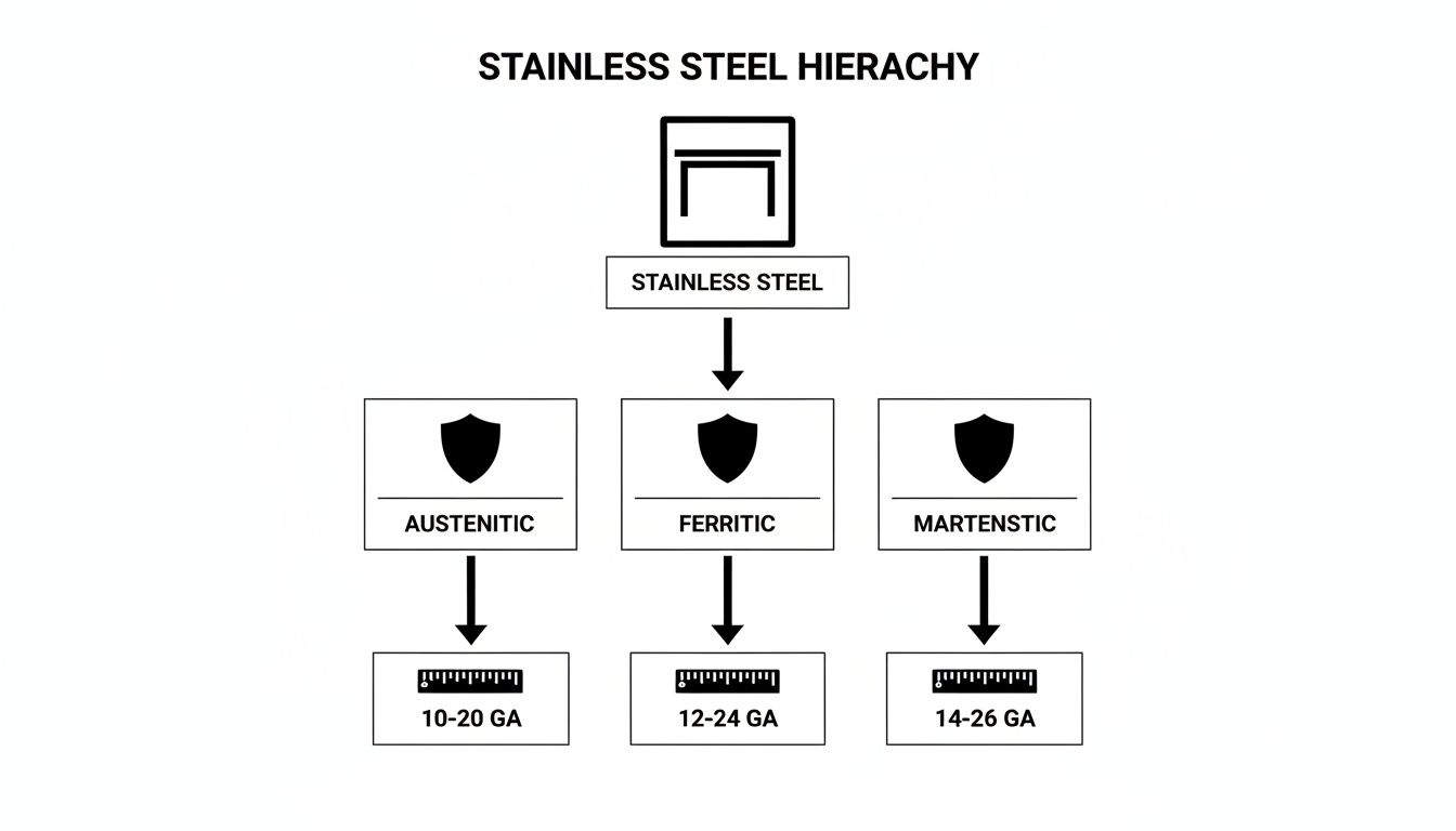 Diagram showing stainless steel types: Austenitic (10-20 GA), Ferritic (12-24 GA), and Martenstic (14-26 GA).