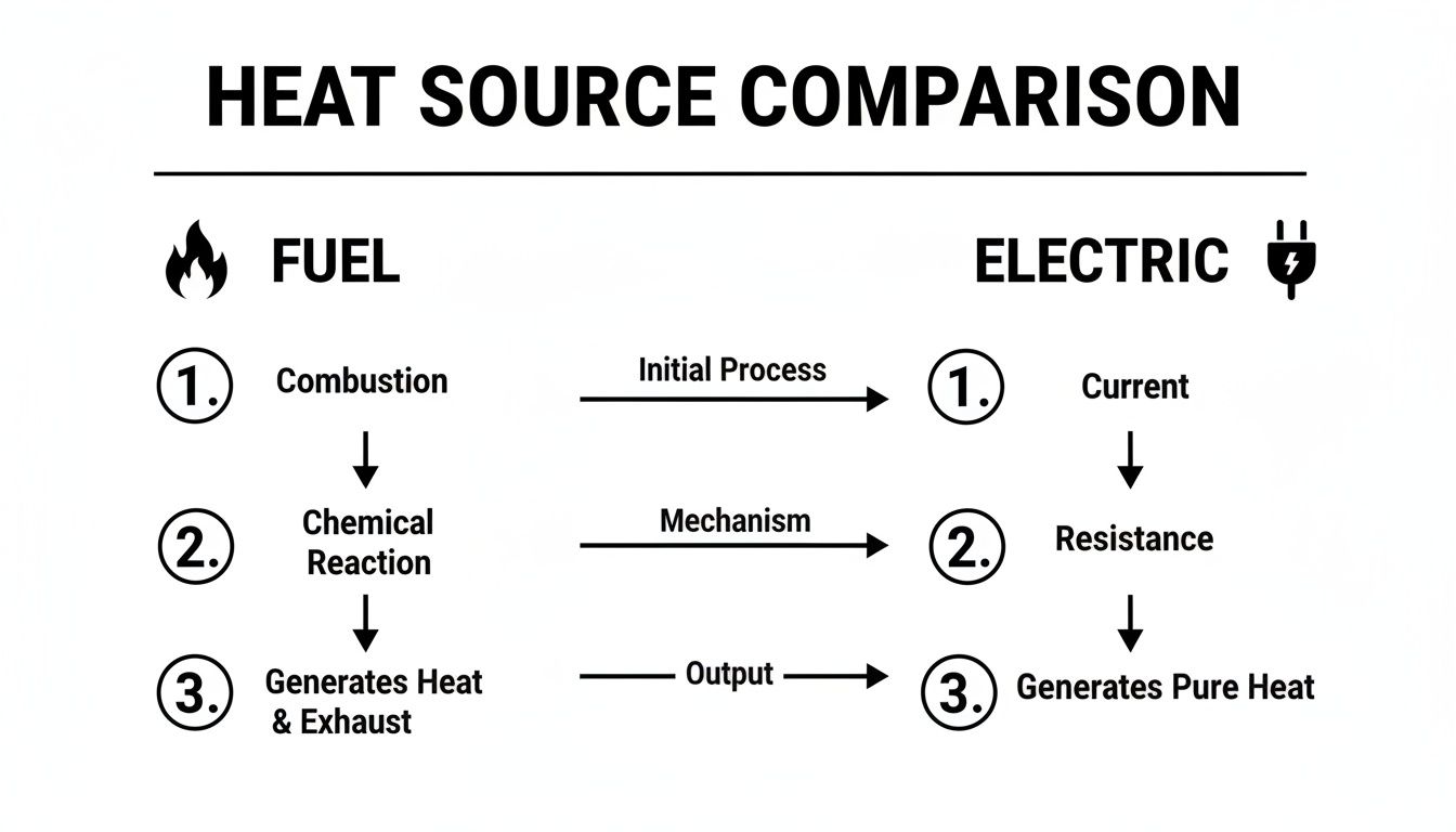 Diagram comparing fuel and electric heat generation processes, detailing steps from initial process to output.