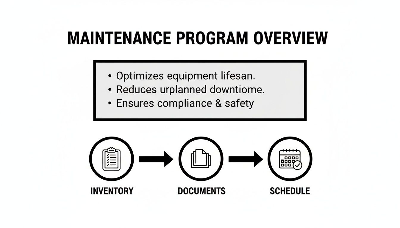 Maintenance program overview outlining benefits and a three-step process: inventory, documents, and schedule.
