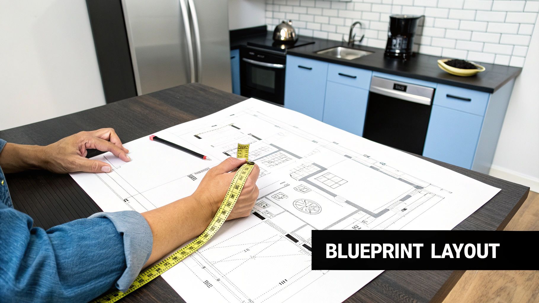 Hands measuring a detailed blueprint with a yellow tape measure, a modern kitchen in the background.