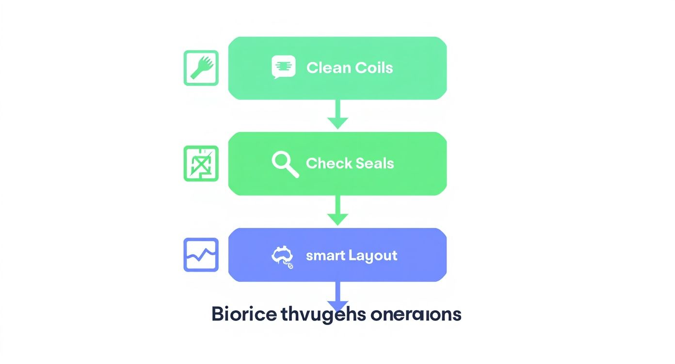 Three-step commercial refrigeration maintenance workflow diagram showing clean coils, check seals, and smart layout process
