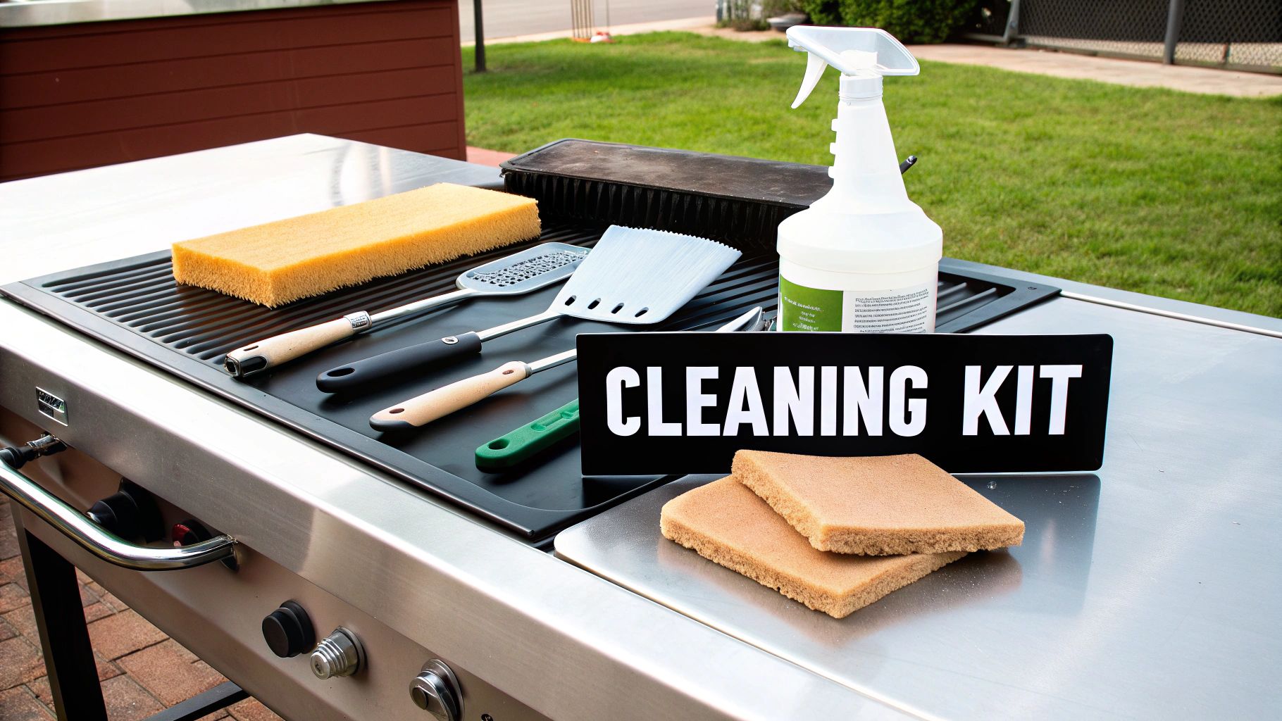 A commercial griddle cleaning kit with sponges, brush, spatulas, and spray cleaner.