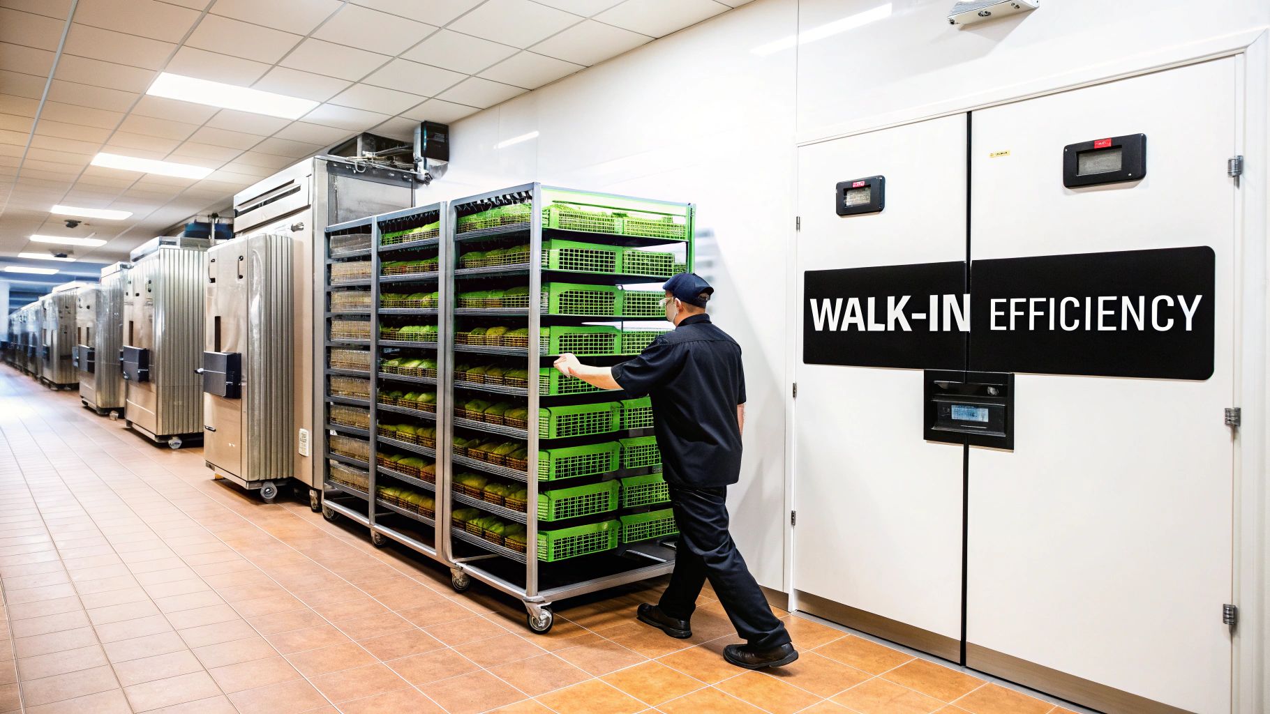 Industrial facility worker moving a large rack of green food crates near walk-in freezers.
